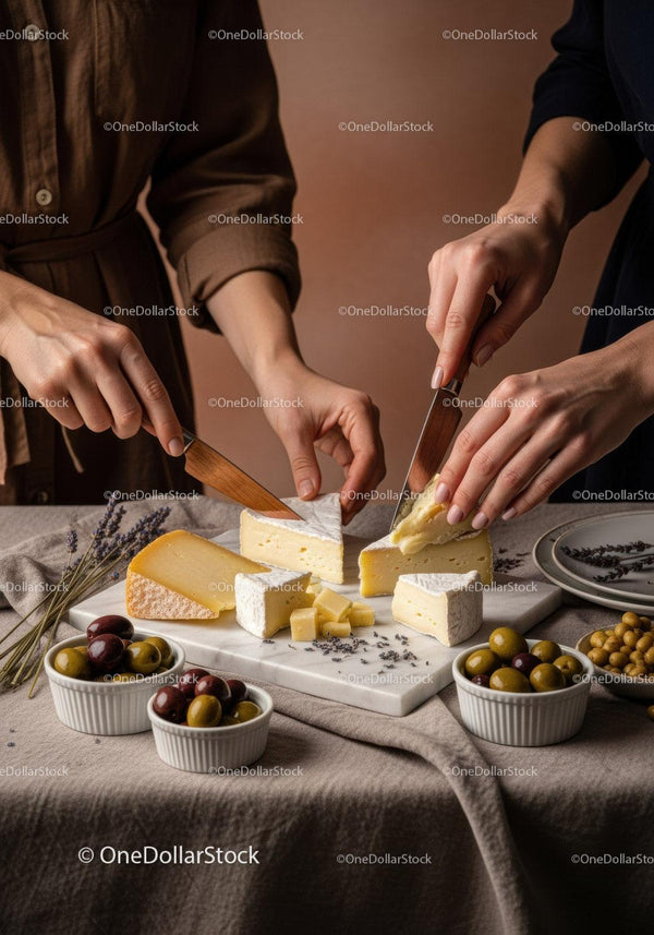 Cheese Tasting with Assorted Sliced Cheese and Olives on Rustic Table