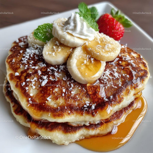 Golden Pancake Stack with Banana Slices Strawberry and Maple Syrup