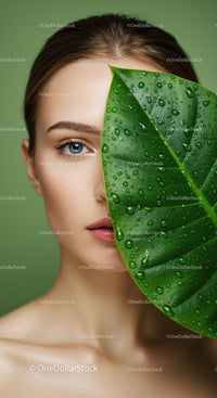Beautiful Woman with Blue Eye Behind Green Leaf with Dew Drops