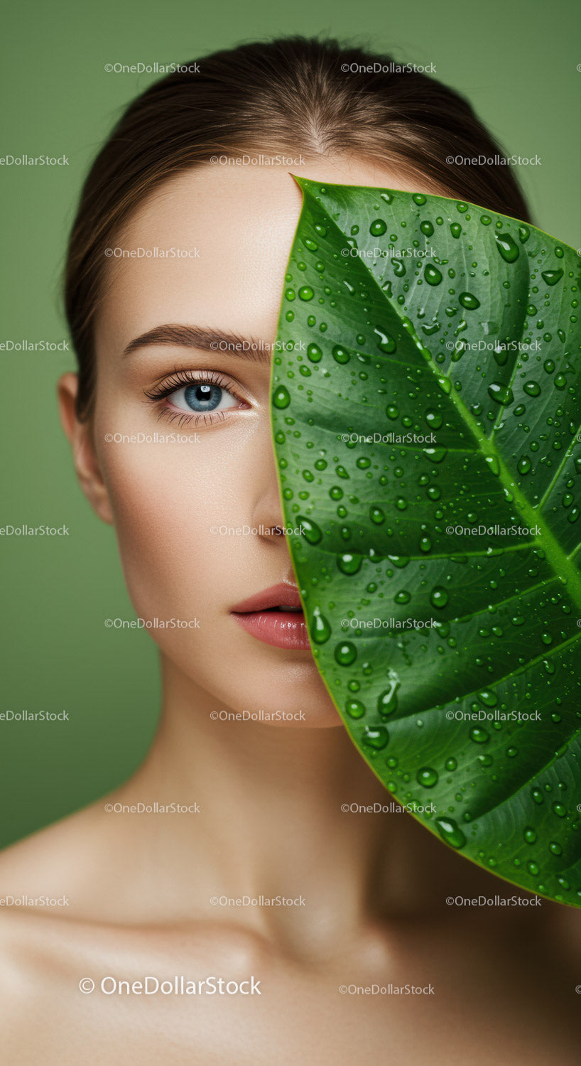 Beautiful Woman with Blue Eye Behind Green Leaf with Dew Drops