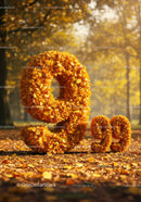 Autumn leaves shaped into numbers 9 and 99 in forest