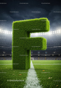 Large Grass Letter F on Football Field at Night