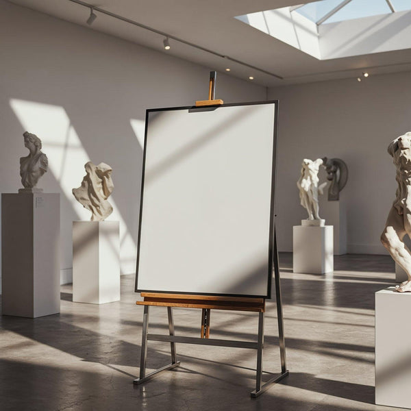 Blank canvas on easel in bright contemporary art gallery JPG Mockup Image
