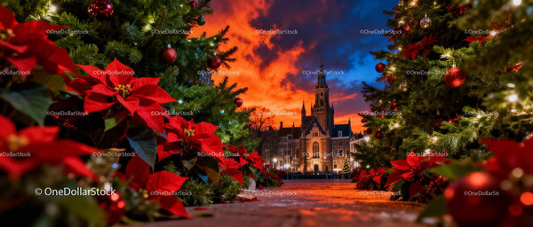Festive Christmas Decorations Framing Historic Town Hall
