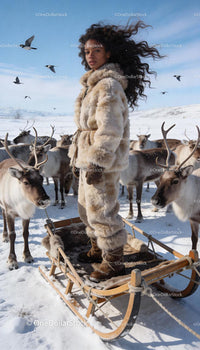 Woman in Fur Coat Standing on Sled Among Reindeer