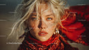 Glamorous Blonde Woman with Blue Eyes Wearing Red Scarf in Studio