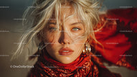 Glamorous Blonde Woman with Blue Eyes Wearing Red Scarf in Studio