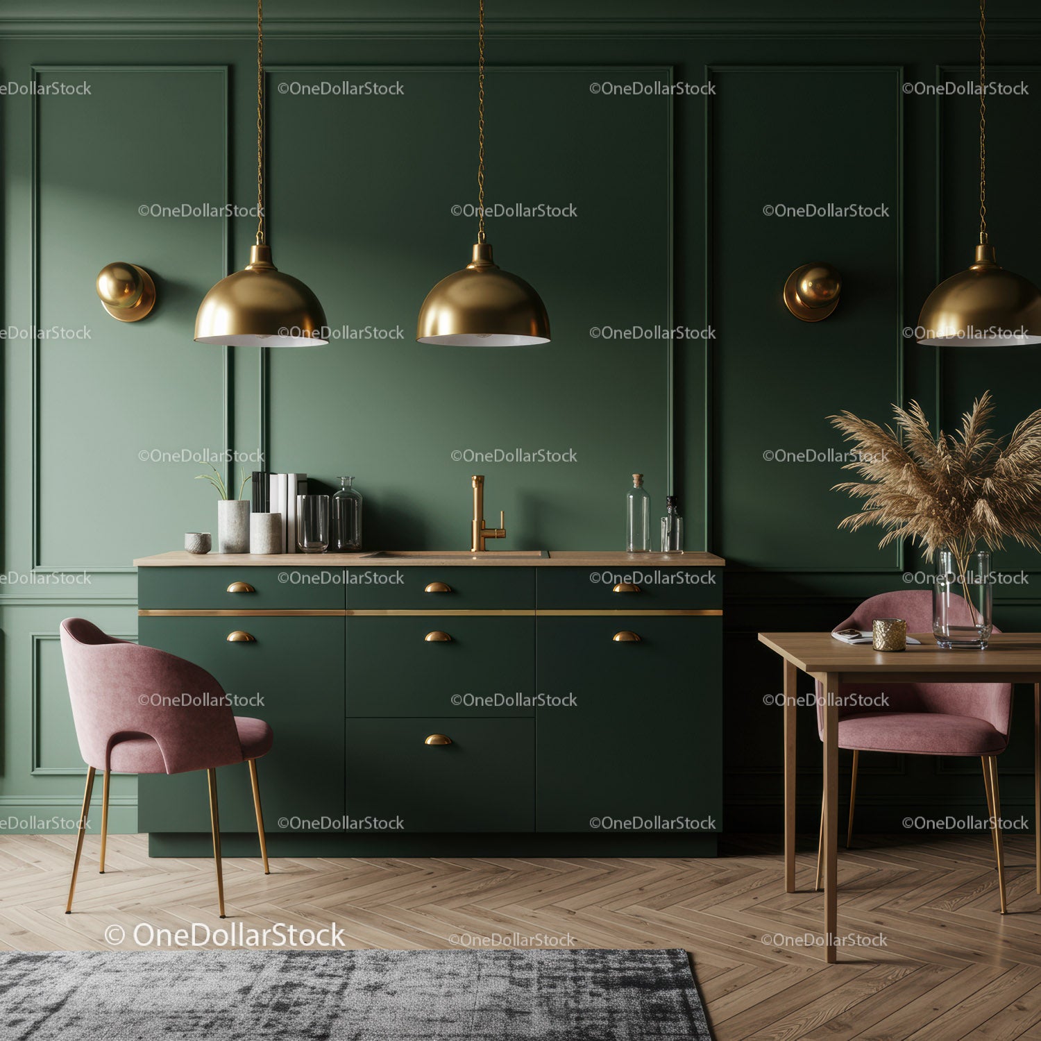 Elegant Green Kitchen with Gold Pendant Lights and Pink Chairs