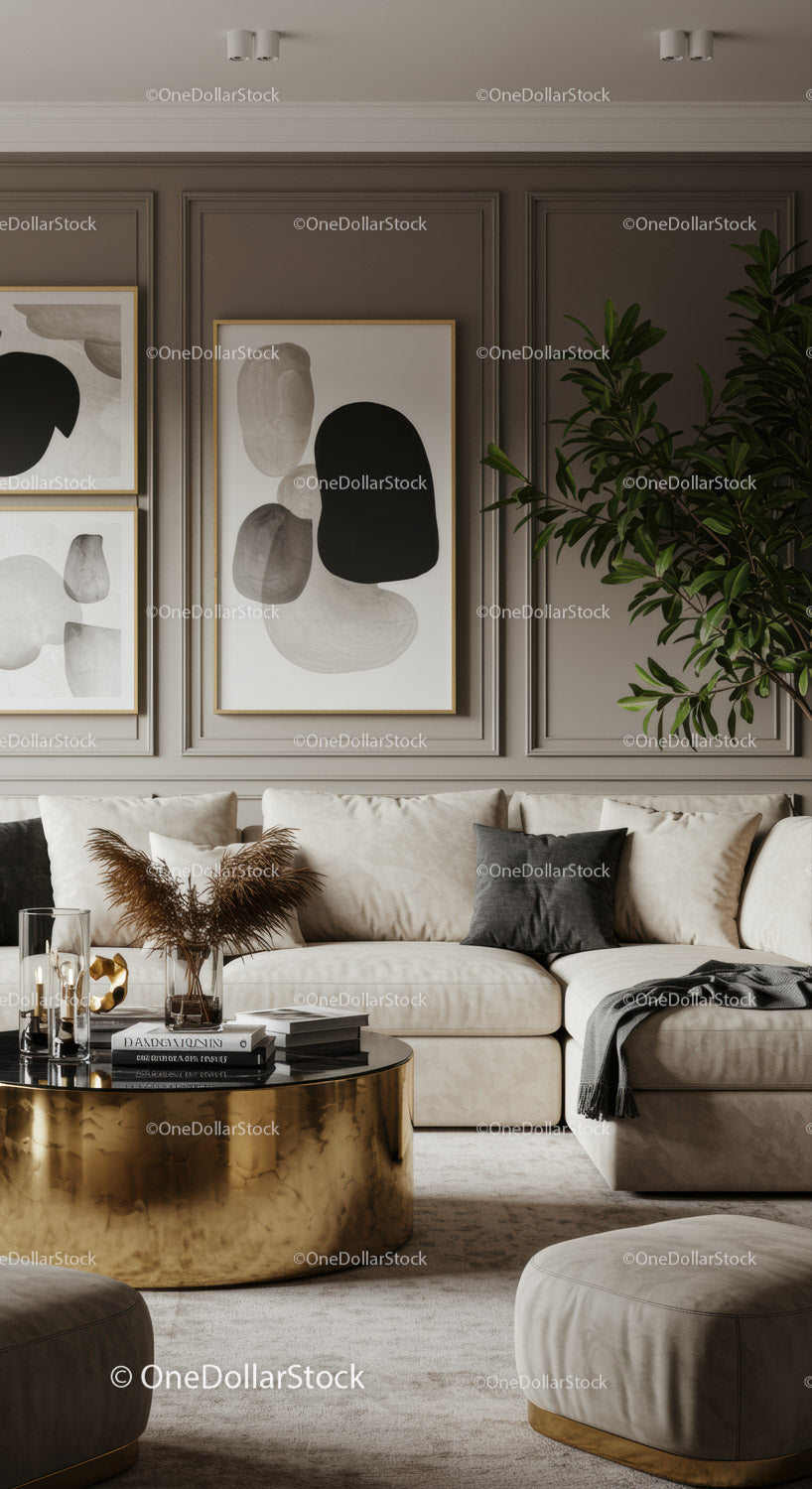 Modern living room with elegant gold coffee table