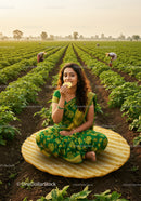 Woman enjoying snack in lush green agricultural field
