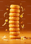 Stack of cheesy snacks with flying crumbs and shreds