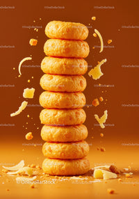 Stack of cheesy snacks with flying crumbs and shreds