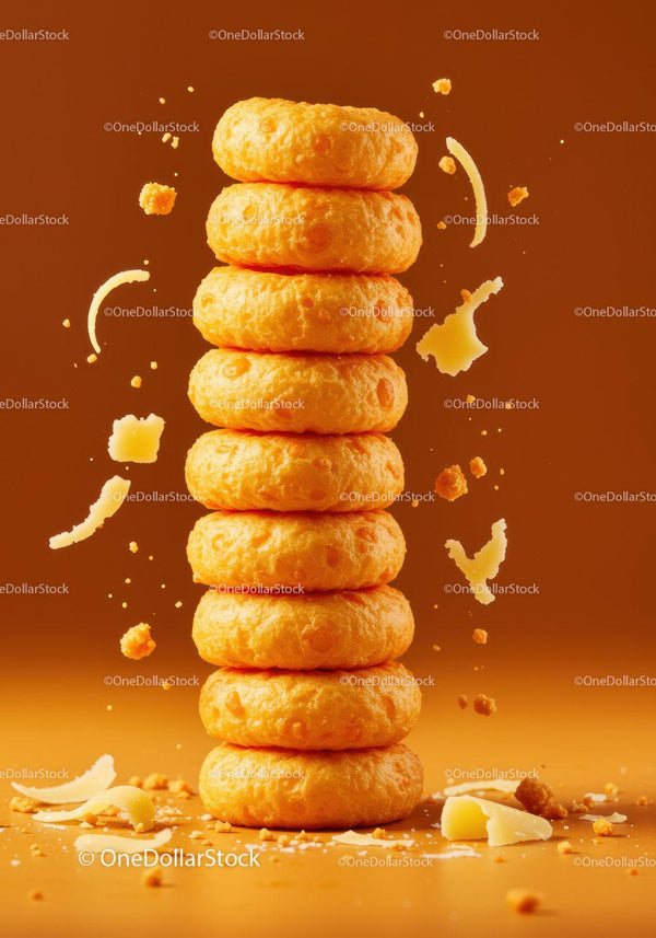 Stack of cheesy snacks with flying crumbs and shreds