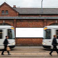 Modern trams passing by blank billboard on brick wall