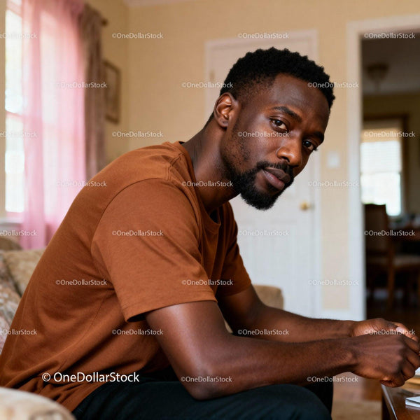 Thoughtful man sitting in cozy living room