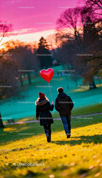 Couple Walking in Park Holding Heart Shaped Balloon