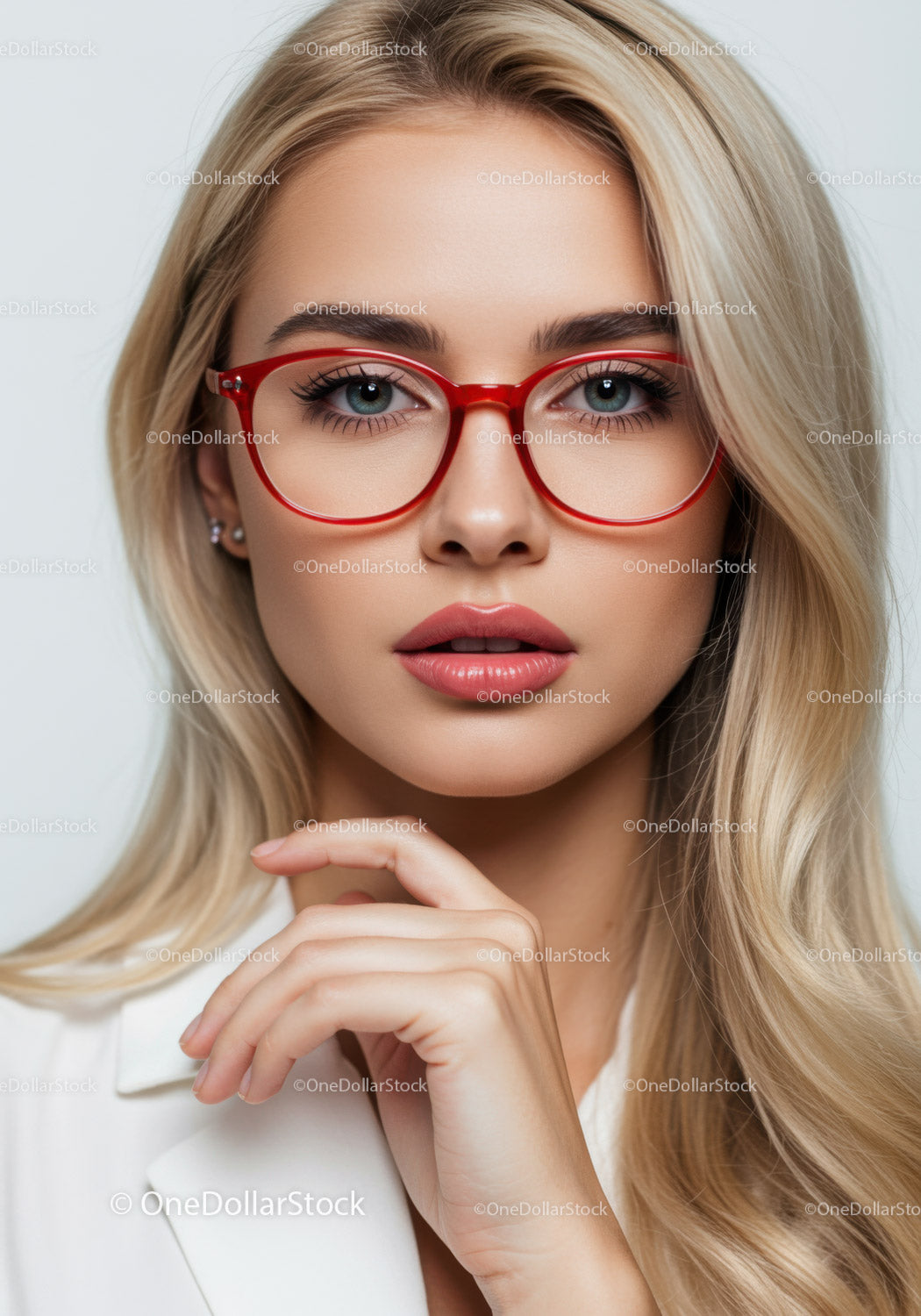 Portret modowy blondynki w czerwonych okularach