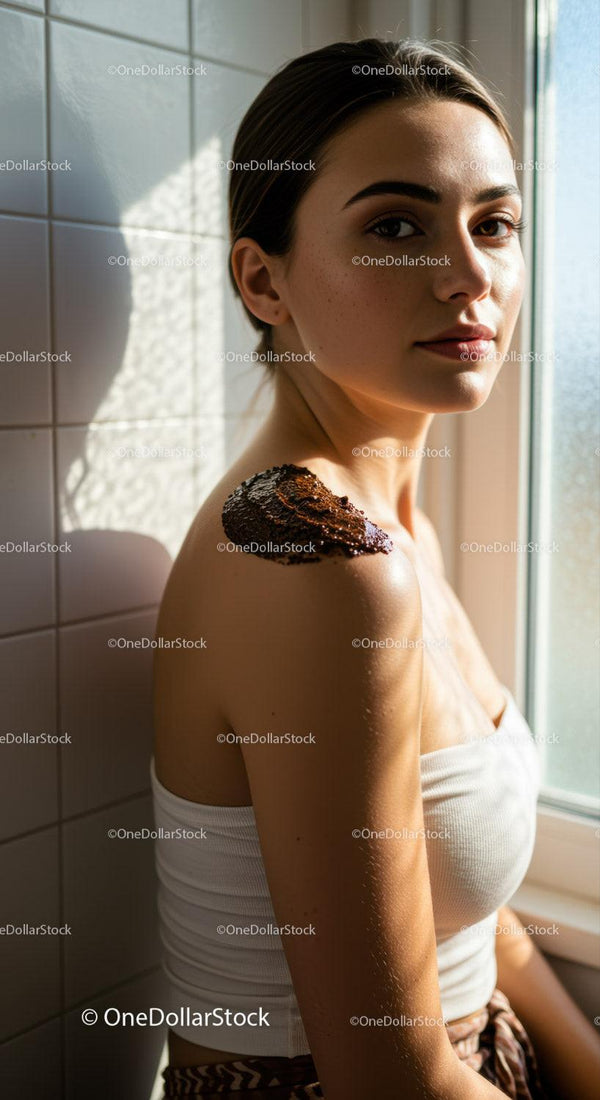 Young woman applying coffee scrub on her shoulder