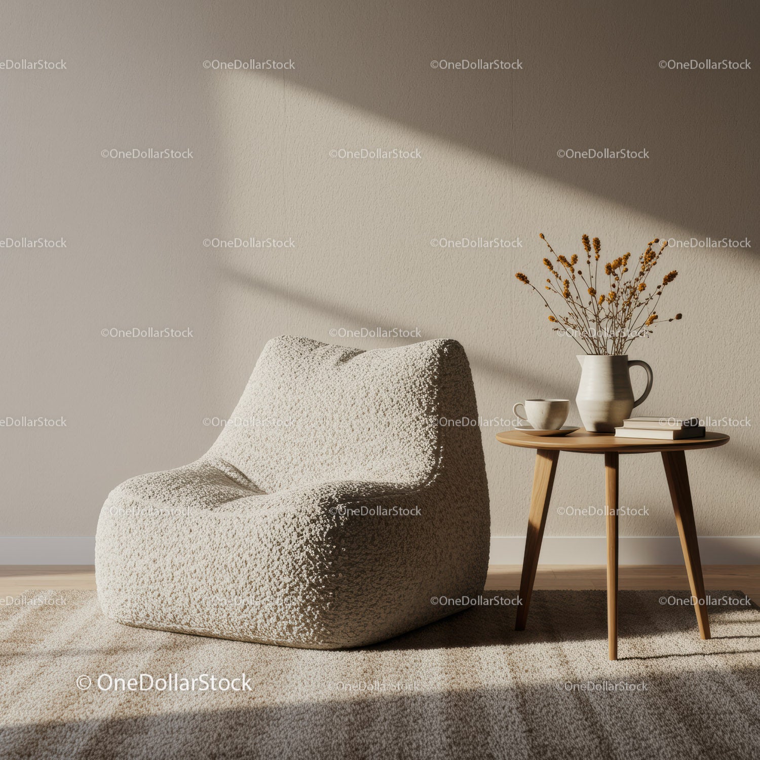 Cozy minimalistic lounge corner with textured armchair