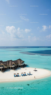 Tropical Overwater Bungalows and White Sand Beach Scene