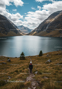 Majestic Mountain Lake Scene with Hiker and Rugged Landscape