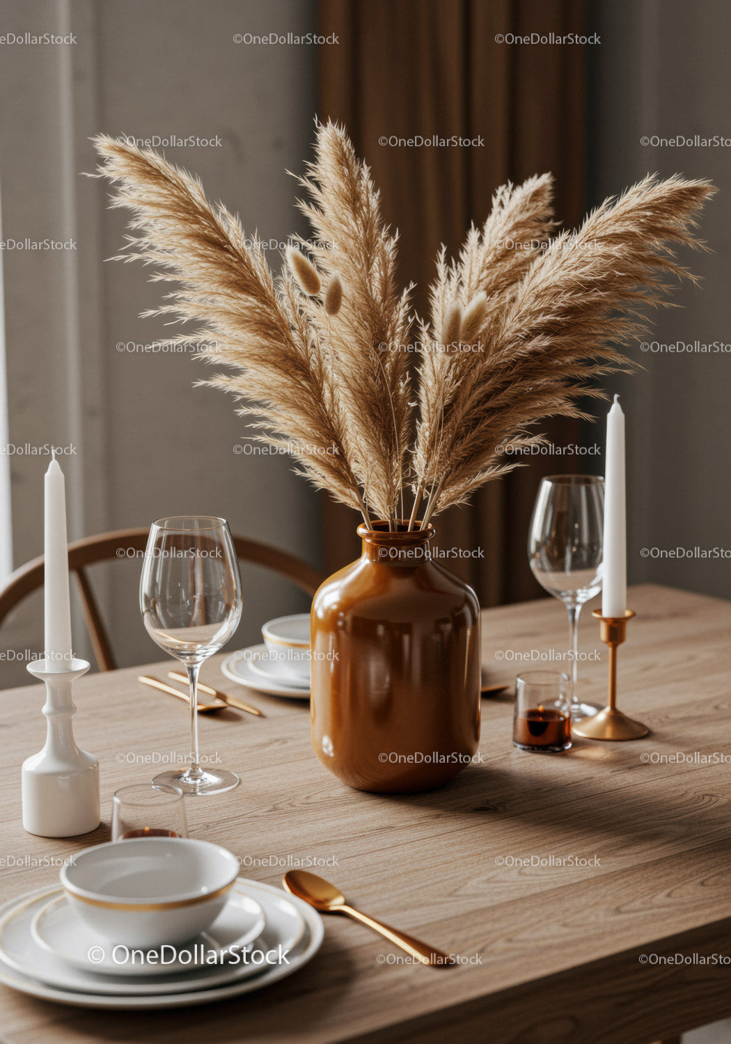 Elegant Dining Table Decor with Pampas Grass and Gold Accents