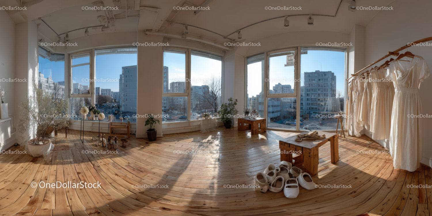 Bright Sunlit Room with Fashion Boutique and City View