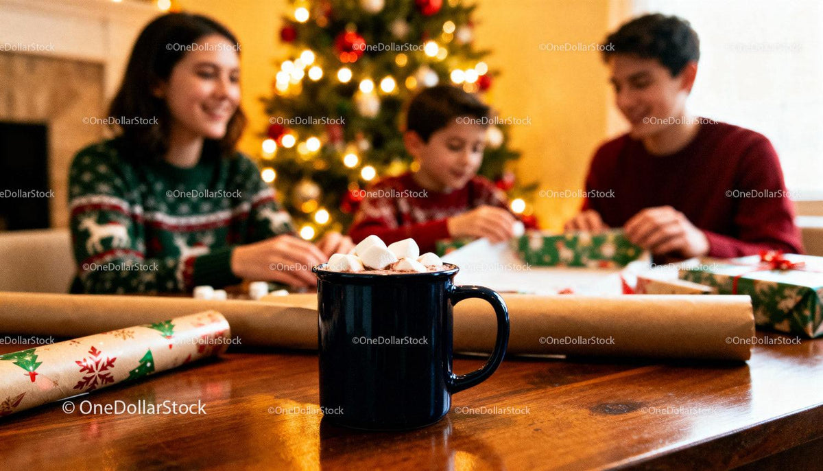 Family wrapping Christmas gifts with hot cocoa on table