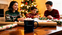 Family wrapping Christmas gifts with hot cocoa on table