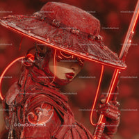 Futuristic Samurai in Neon Red Armor Holding Umbrella