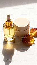 Natural facial oil and cream on white surface with petals