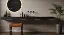 Modern Minimalist Bathroom with Black Sink and Green Palm Plant
