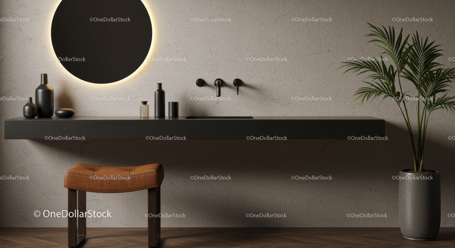 Nowoczesna minimalistyczna łazienka z czarną umywalką i zieloną palmą