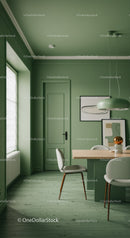 Stylish Green Dining Room with Contemporary Decor and Artistic Touches