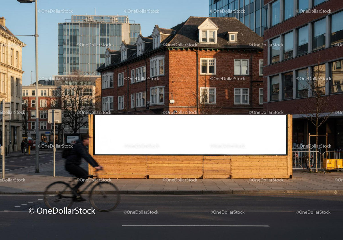 Cyclist passing blank billboard in urban city street JPG Mockup Image preview