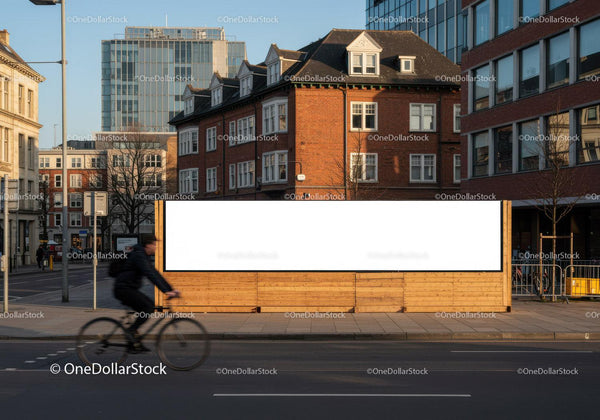Cyclist passing blank billboard in urban city street JPG Mockup Image