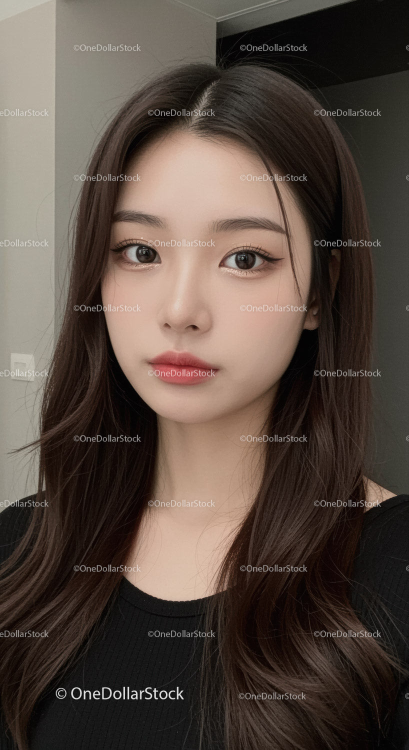 Elegant Young Woman with Long Hair and Natural Makeup in Portrait
