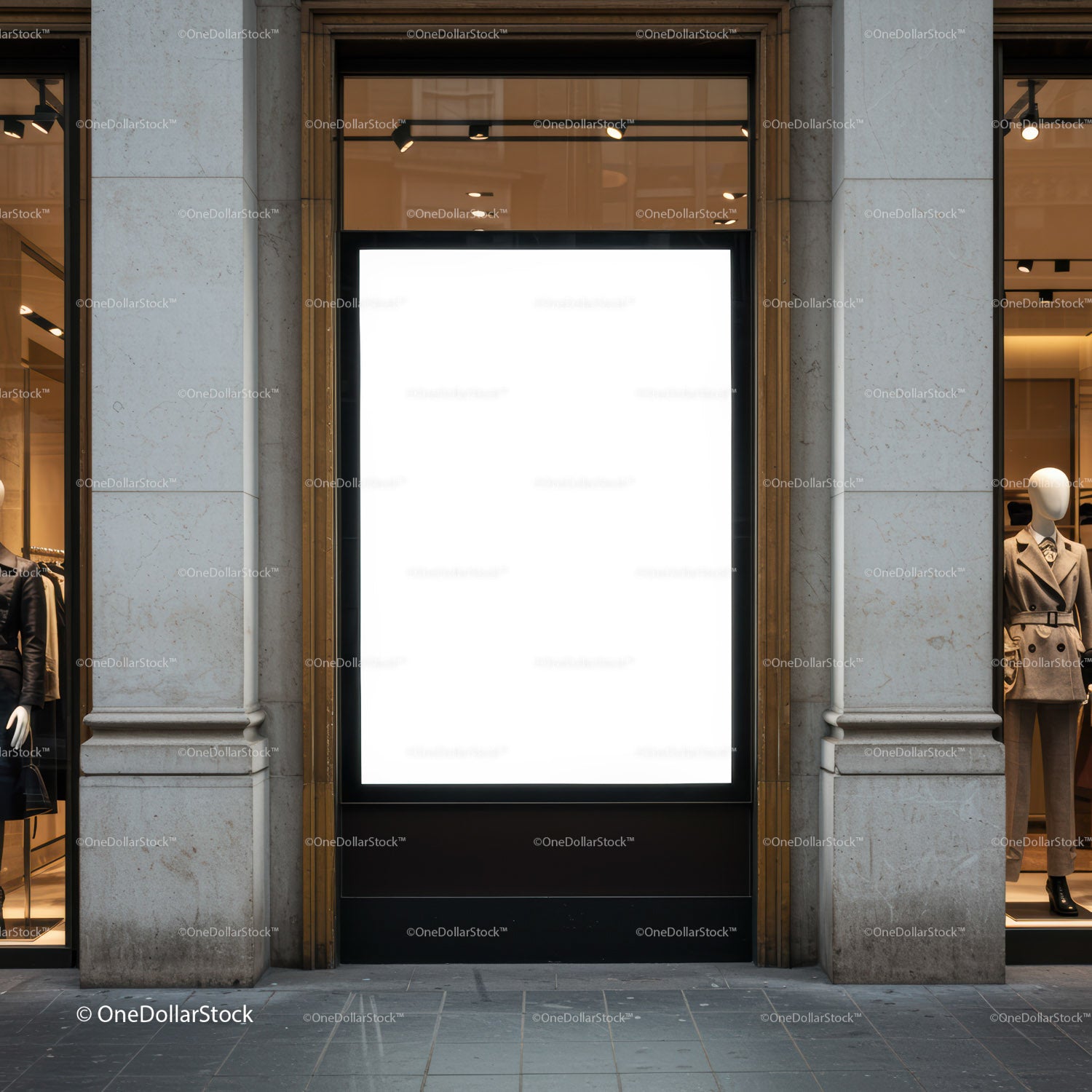 Empty illuminated billboard between fashion displays on street