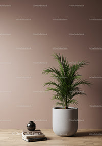 Stylish Green Palm Plant in Modern Interior with Wooden Surface