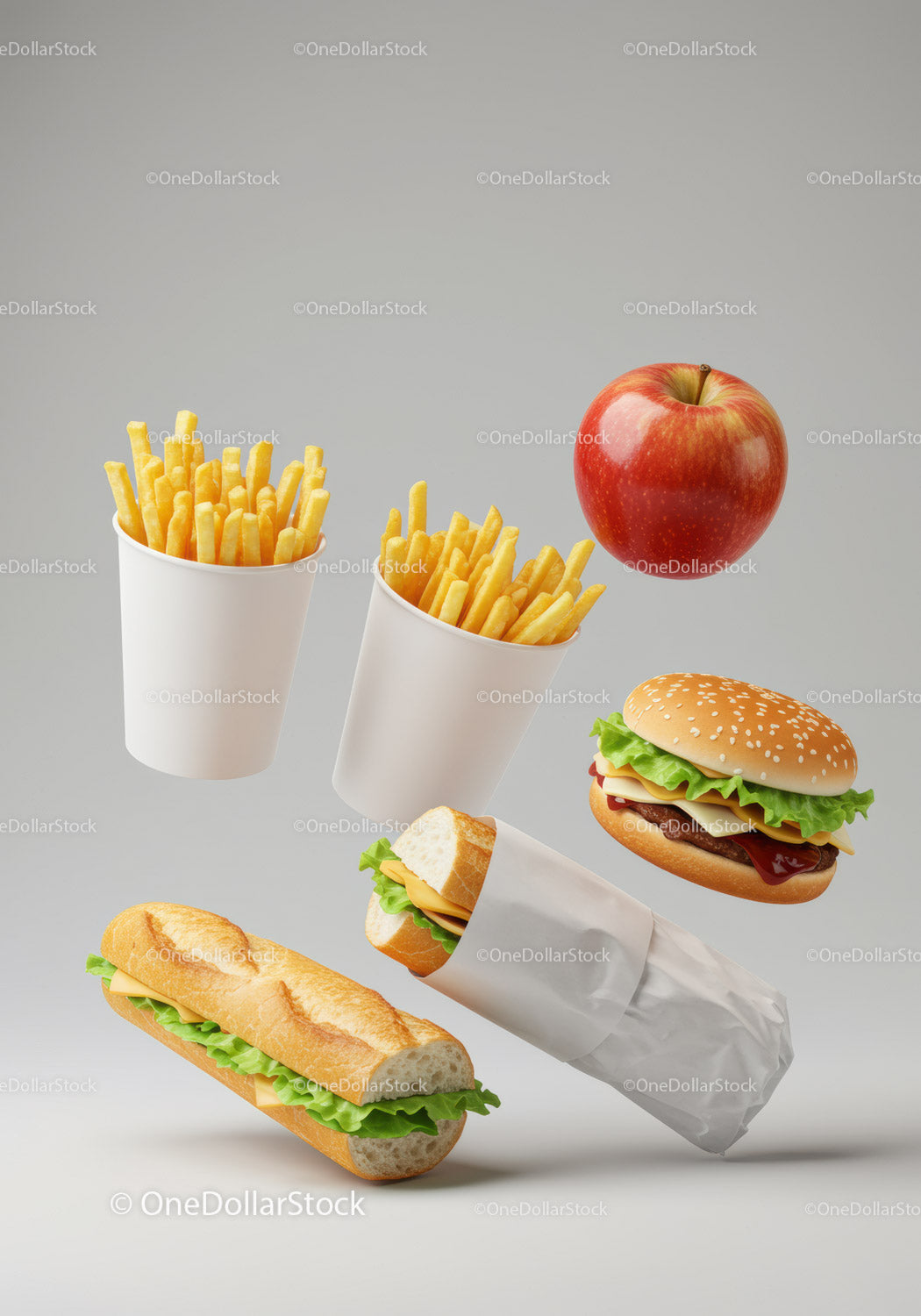 Świeży asortyment fast foodów z frytkami, jabłkami i kanapkami