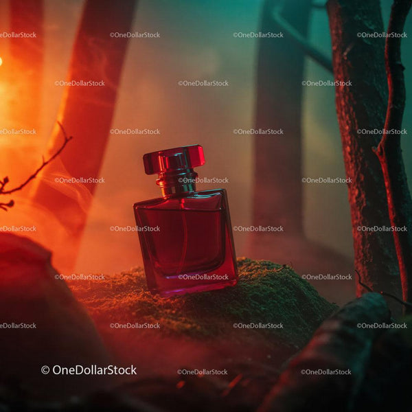 Red Perfume Bottle in Nature Scene with Moss and Forest Elements JPG Mockup Image