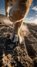 Close-Up of Dog Paw in Motion on Dusty Earth with Scenic Background