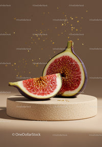 Fresh ripe fig halves on textured stone platform