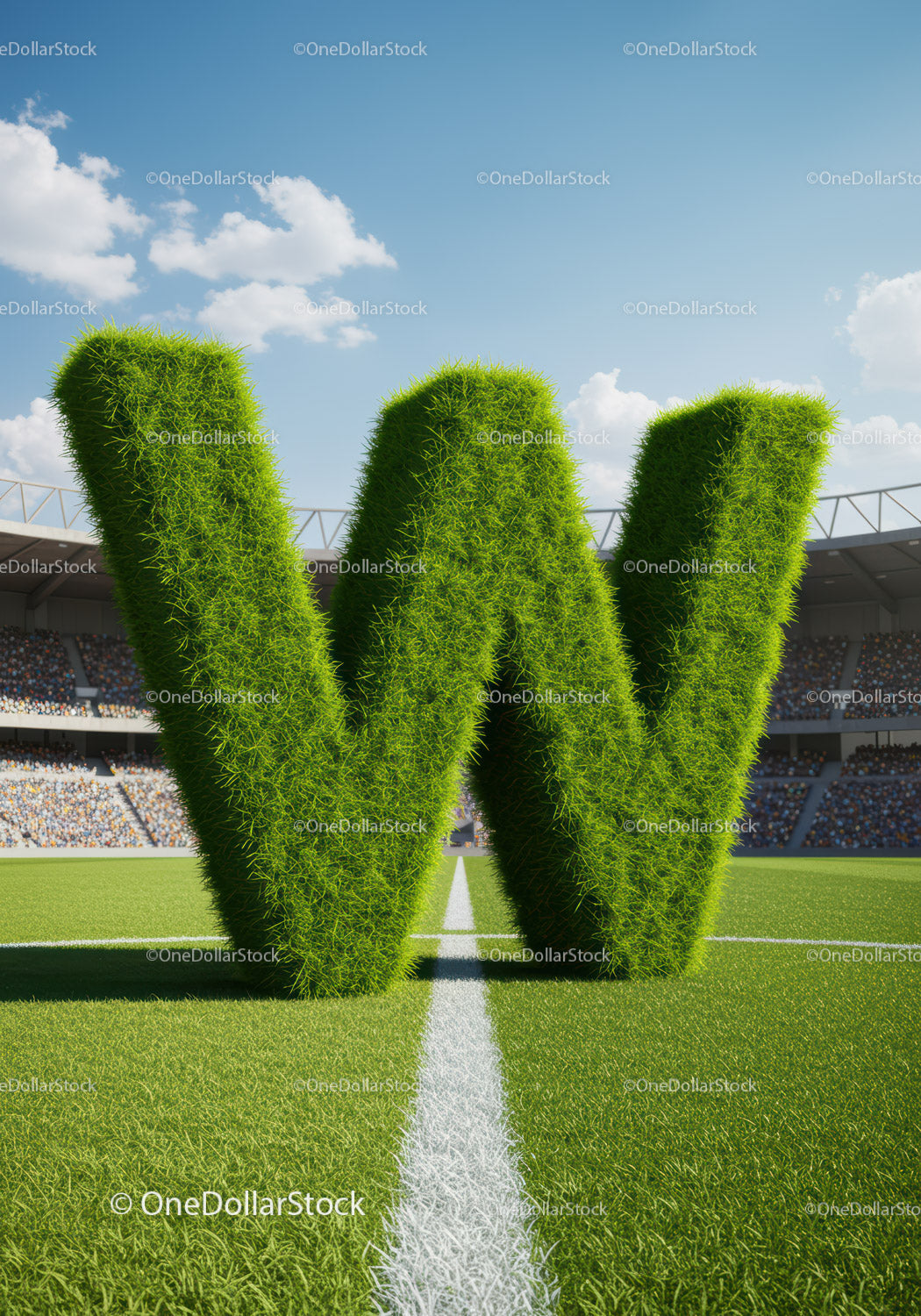 Green Grass Letter W on Soccer Field with Stadium Crowd
