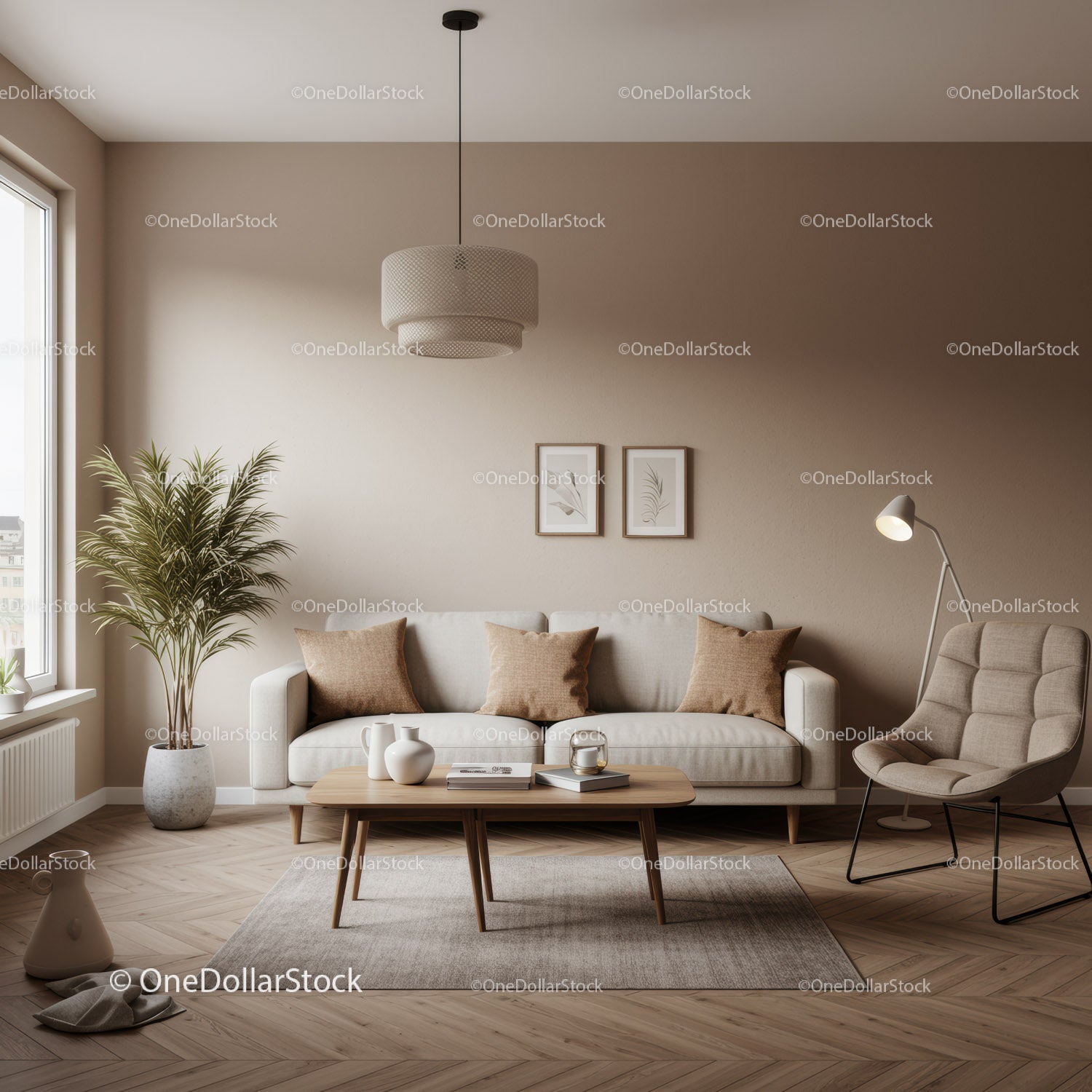 Minimalistyczny salon z beżowymi ścianami i przytulnymi meblami