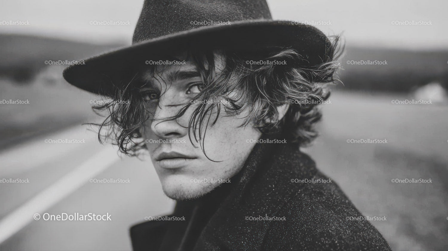 Young Man with Curly Hair and Styled Hat in Black and White Portrait