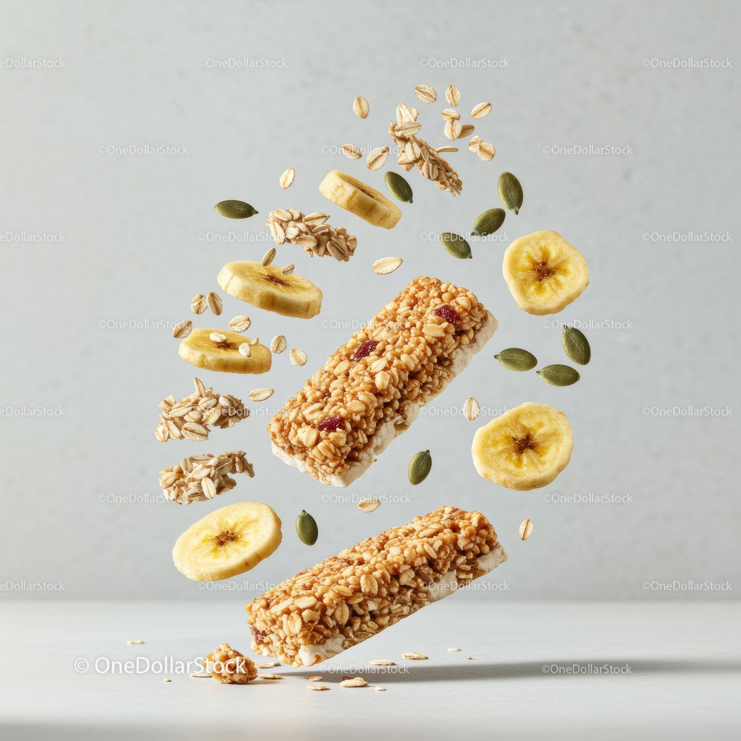 Nutritious Granola Bars with Banana and Seeds Floating