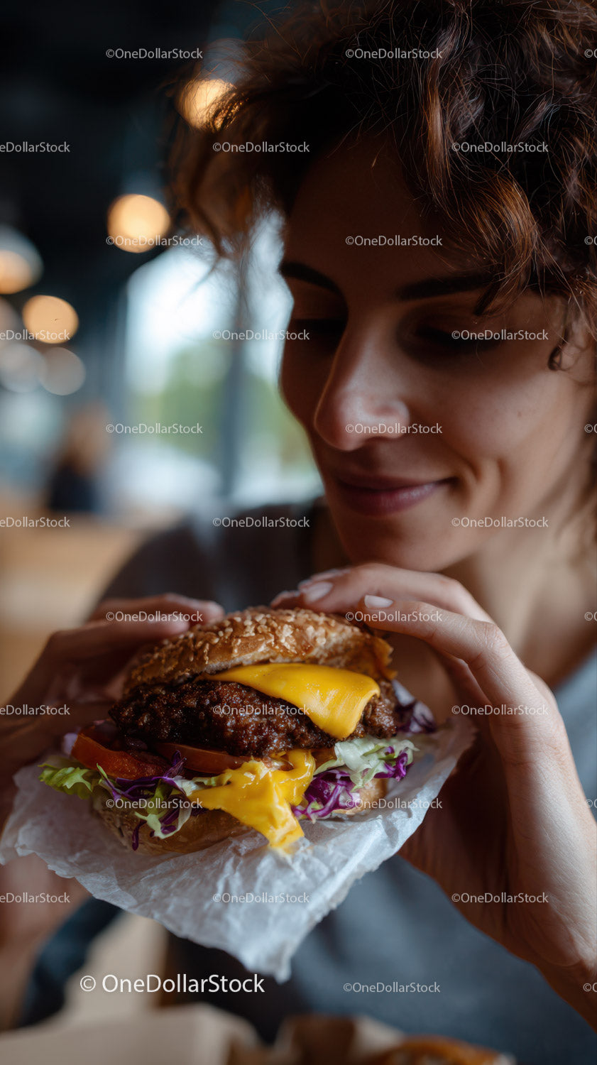 Kobieta delektująca się soczystym cheeseburgerem w swobodnej atmosferze na świeżym powietrzu