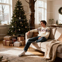 Young man relaxing on sofa near decorated Christmas tree