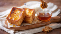 Golden Toast with Honey and Honey Comb on Rustic Wooden Board